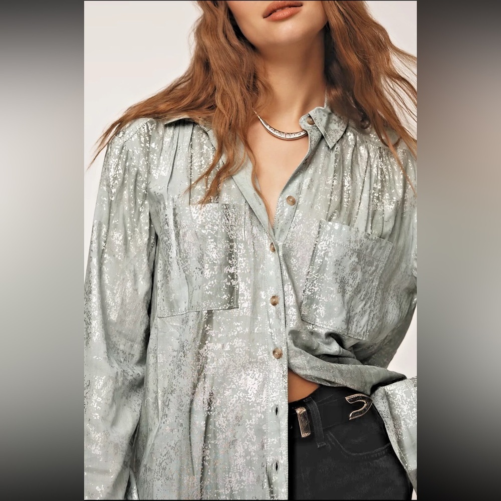 Anthropologie Pilcro Sage Green Foil Shine Button Down Shirt Top Size S - Picture 1 of 16